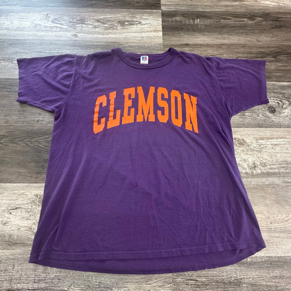 Clemson University T-Shirt Vintage 80s Tigers Russell Athletic Purple Mens XL